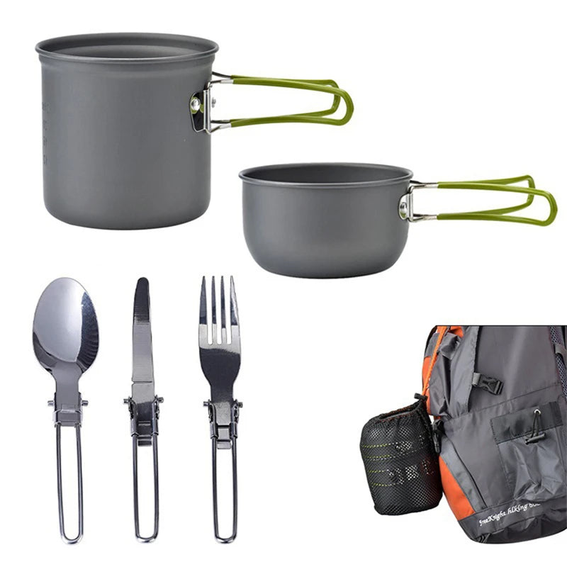 Portable Camping Cookware Set: Mini Gas Stove, Outdoor Pot, and Foldable Spoon, Fork, and Knife for Hiking and Picnics