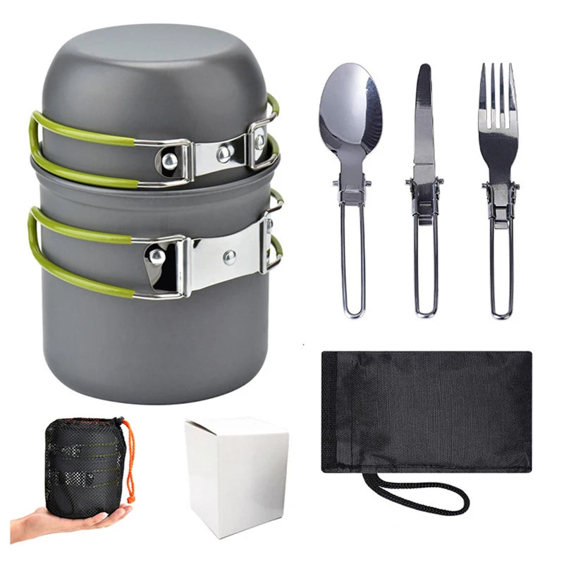 Portable Camping Cookware Set: Mini Gas Stove, Outdoor Pot, and Foldable Spoon, Fork, and Knife for Hiking and Picnics