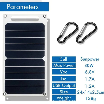 30W Solar Panel with USB: Waterproof, Portable Battery Charger for Outdoor Hiking and Camping (6.8V)