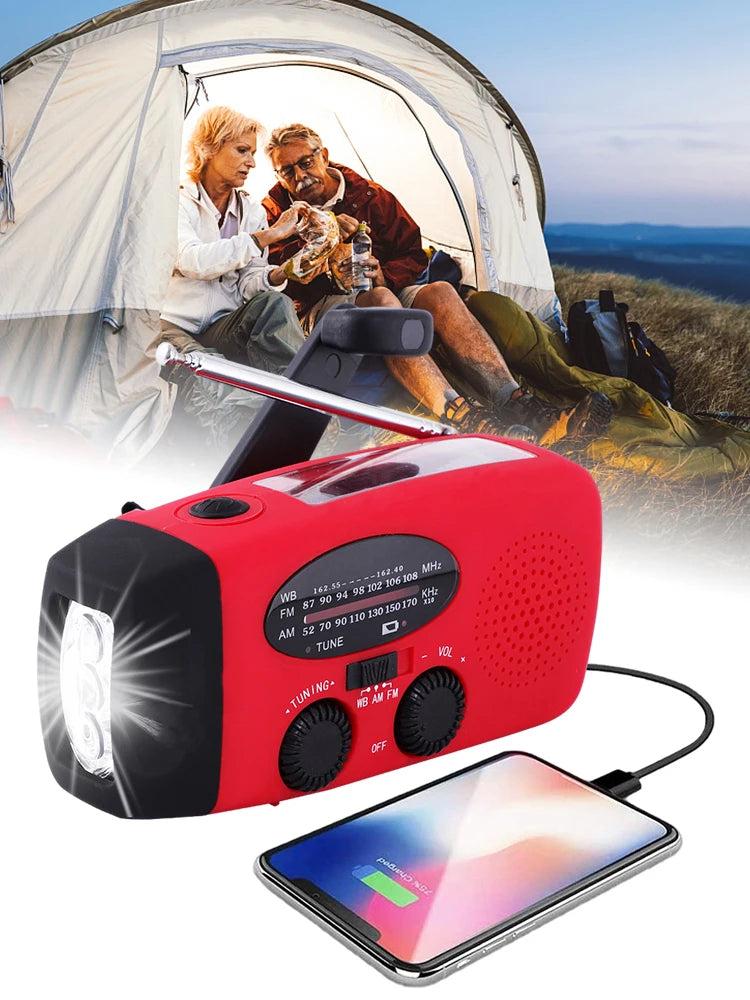 Multifunctional Solar Hand Crank Radio: FM/AM/WB NOAA Weather Radio with 2000mAh USB Charging, Emergency LED Flashlight, and Power Bank